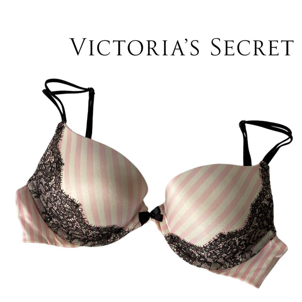 Victoria's Secret, Very Sexy Push-Up, Striped Lace Bra, 32D, Pink, White, Black - Picture 1 of 5